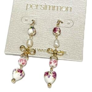 NWT ⚜️💖⚜️ Persimmon Adorable Pink and Gold Heart Bow Dangle Earrings